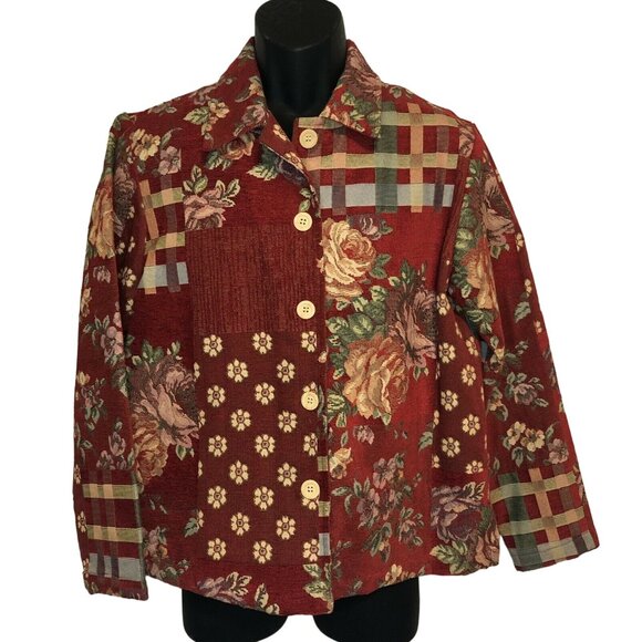 Coldwater Creek Womens Size Small Red Floral Button Up Tapestry Jacket - Picture 1 of 4